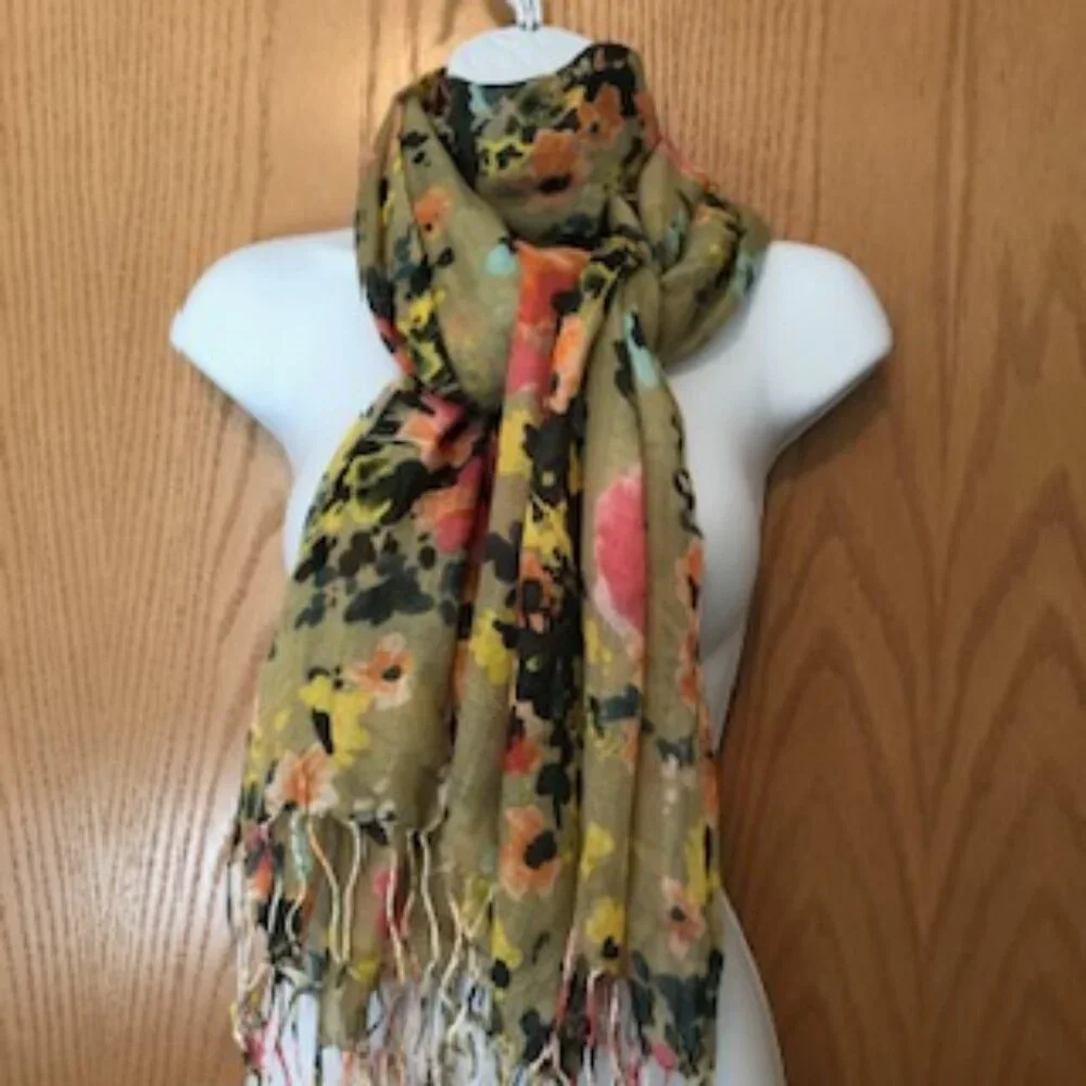 3/$15 Vintage Oversized Woven Scarf Wrap Floral Fringe Tan Pink Coral